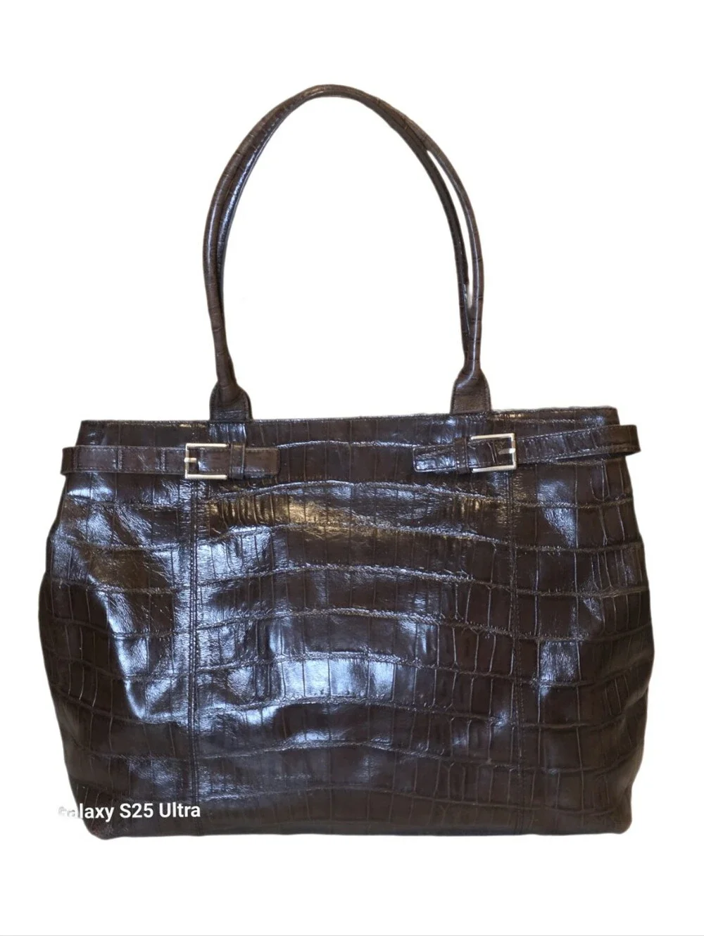 Vintage Kenneth Cole New York Espresso Croc Embossed Leather Tote Belted Buckle